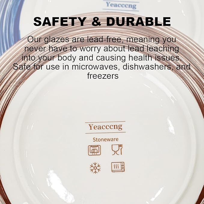 Yeacccng Pasta Bowls Set of 6, 35 Oz Ceramic Large Salad Bowl, 8.5 Inch Colorful Serving Bowls for Kitchen, Dishwasher & Microwave Safe, Scratch-Resistant, Lead-Free (Brown*3 + Blue*3)