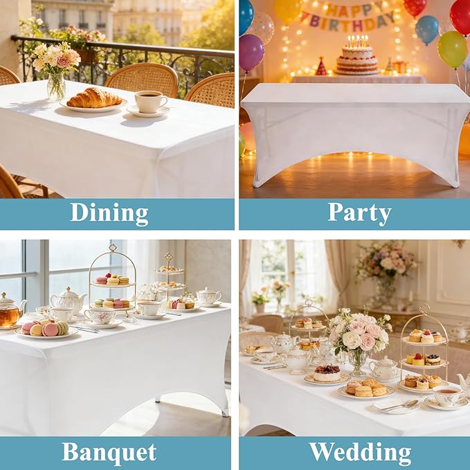 VidaFete Spandex Tablecloth 2 Pack 4FT, Fitted Stretch Table Cover for Rectangle Tables, Wrinkle Resistant and Washable Tablecloths for Outdoor, Picnic, Party, Wedding, Banquet, Birthday, White