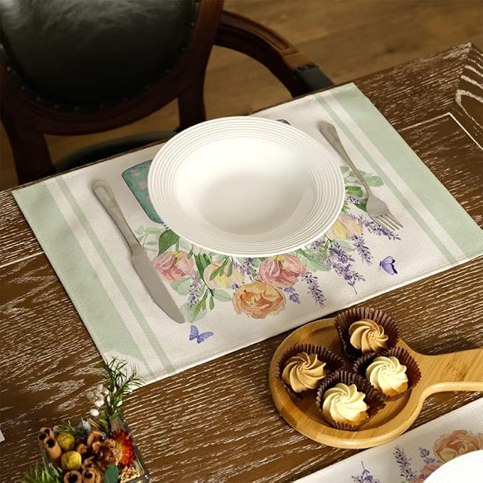 GEEORY Flowers Mason Jar Spring Placemats 12x18 Inch Set of 4 Green Summer Table mats Farmhouse Rustic Holiday Kitchen Dining Decoration for Indoor Outdoor Dinner Party Décor