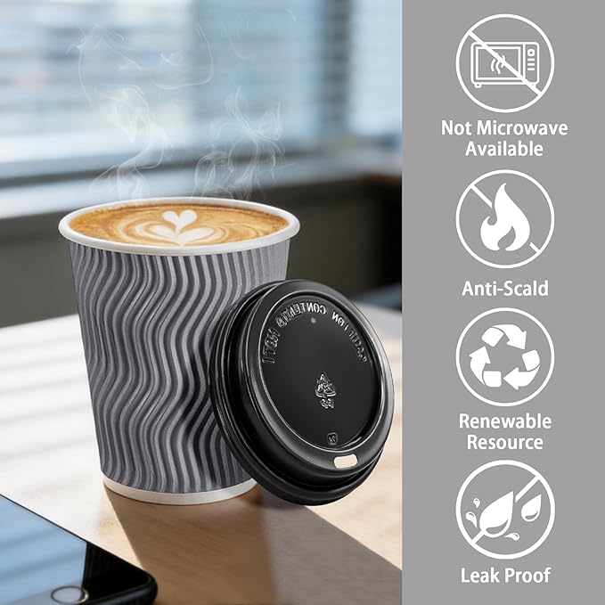 50 Pack 12 oz Coffee Cups with Lids, Disposable Insulated Hot Cups To Go Paper Coffee Cups, Corrugated Ripple Wall Cup for Hot Drink, Office, Coffee Bar (Grey 12 oz)