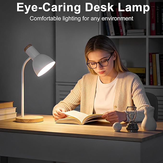 WLHONG LED Desk Lamp, Modern Table Lamps 3 Color Modes, Eye-Caring Reading Light, Desk Light with Adjustable Flexible Gooseneck, Study Lamp for Kids Audlt Bedside Dorm Room Essentials (White)