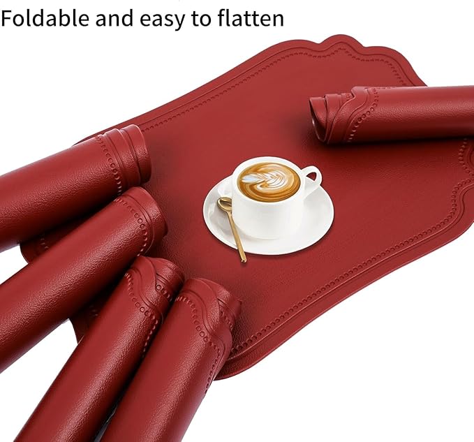 Red Faux Leather Placemats Set of 6,Waterproof PU Placemat for Dining Table,Wipeable Eco-Friendly Kitchen Table Mats Heat Resistant Anti Slip Washable,Modern Table Protectors