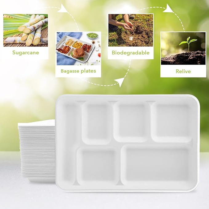 three leaf 6 COMPARTMENT BAGASSE TRAY 50 Ct. Heavy-Duty- Super Strong- Natural- Eco-Friendly Disposable Bagasse Plates, 100% Biodegradable 6 Compartment meal Plates