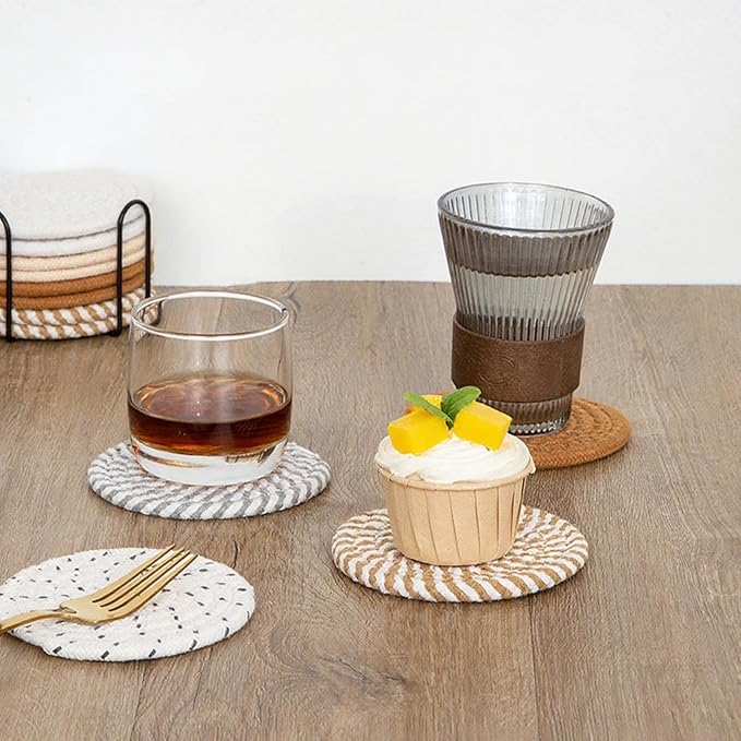 8 Pcs Drink Coasters with Holder, Handwoven Cotton Coasters Set Stackable Absorbent Minimalist Home Decor for Table, Cup, Mug (Kaki)