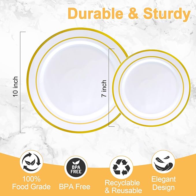 100 PCS Gold Plastic Plates, White and Gold Plastic Plates Include 50 Dinner Plate and 50 Dessert Plate Perfect for Holiday, Party & Wedding