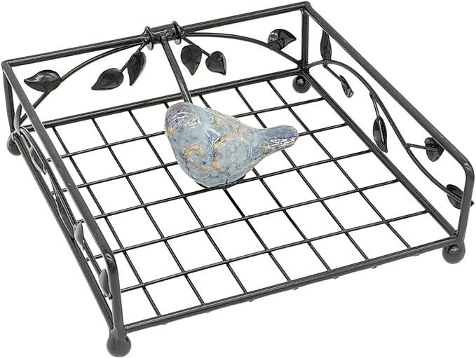 OwlGift Collection Black Coated Metal Flat Napkin Holder Dispensing Stand w/Ceramic Bird, Kitchen and Countertop Flat Napkin Storage Organizer