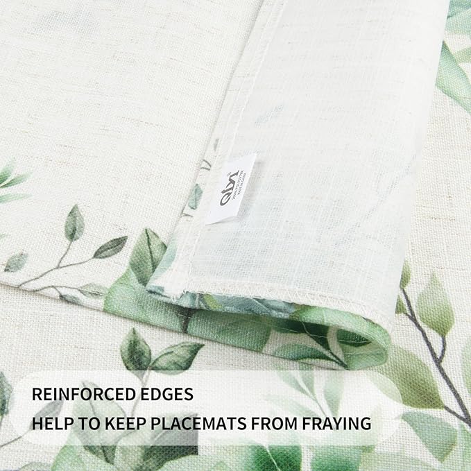 QIYI Boho Placemats Set of 6, 12x18 Inch Linen Fabric Place Mats for Kitchen Dinning, Farmhouse Rustic Cloth Table Mats, Washable Placemat Watercolor Foliage Party Table Décor, Green Leaves Border
