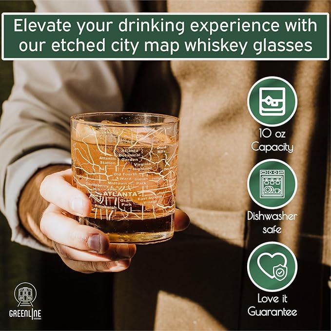 Greenline Goods Whiskey Glasses - 10 Oz Tumbler Gift Set for Atlanta lovers, Etched with Atlanta Map | Old Fashioned Rocks Glass - Set of 2