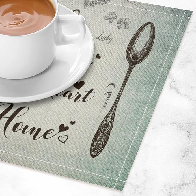 Retro Farmhouse Placemat Set, Minimal Green Gradient Rustic Plank Art Sketch Cutlery Knife Fork Inspirational Quotes Pattern Home Decor Linen Table Mats for Dining Room Kitchen Party (17x12in) x4P