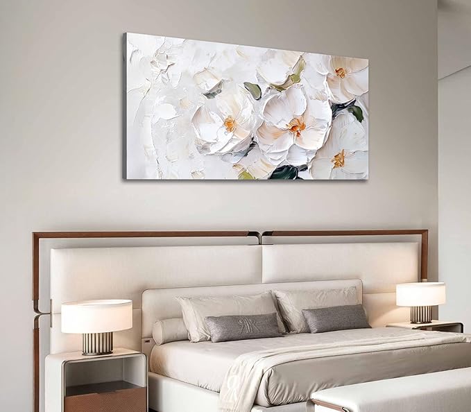ADJUVANT Wall Art Impressionist Minimalist White Floral 48"L x 24"W, White Flowers With Subtle Tones Canvas Painting Delicate Petals Artwork Floral Wall Decor for Living Room Bedroom Bathroom Home Office