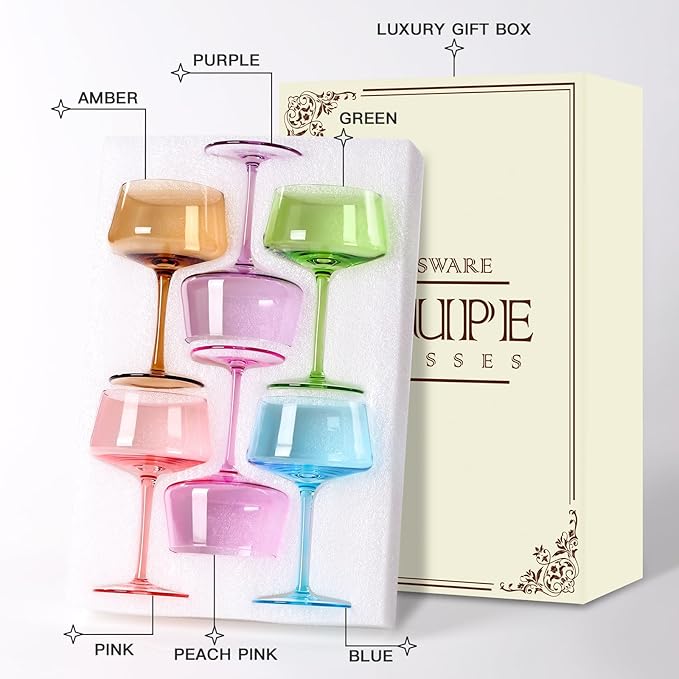 Colored Martini Glasses Set of 6, 13 oz large Coupe Glass, Premium Crystal Cocktail Glasses, Martini Glasses,Champagne Glasses, Handblown Drinkware Set-Wedding,Birthday Gifts