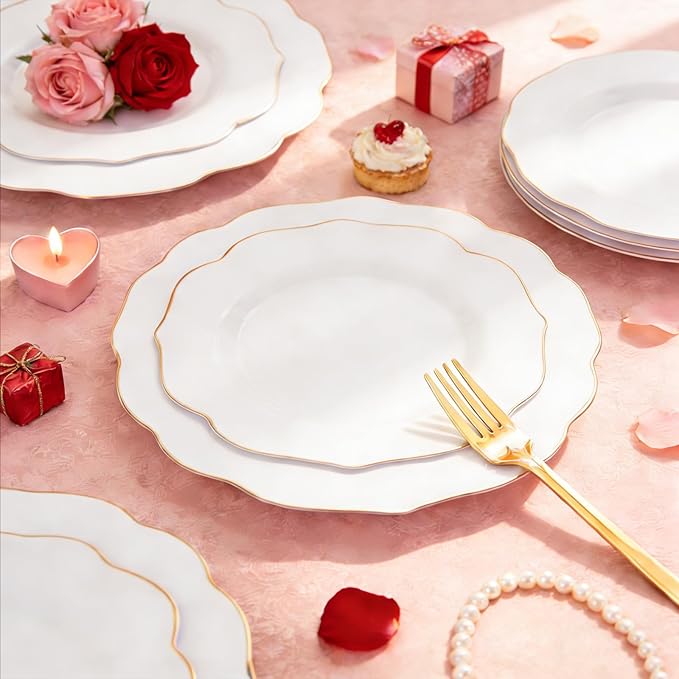 NOCCUR 120PCS White and Gold Plastic Plates - 10.25inch and 7.5inch Gold Disposable Plates Set Heavy Duty for Party/Wedding/Valentine's Day