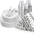 350PCS Silver Plastic Plates for 50 Guests, Disposable Dinnerware Sets Include 100 Silver Rim Plastic Plates, 50 Silverware, 50 Pre Rolled Napkins for Party, Wedding & Decor