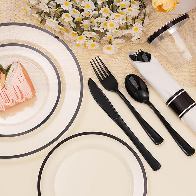 BESTSTAR 350PCS Clear and Black Disposable Plates Set for 50 Guests, 100 Plastic Plates, 50 Plastic Cups, 50 Pre-Rolled Napkins with Cutlery for Party, Thanksgiving, Birthday, Halloween, Christmas