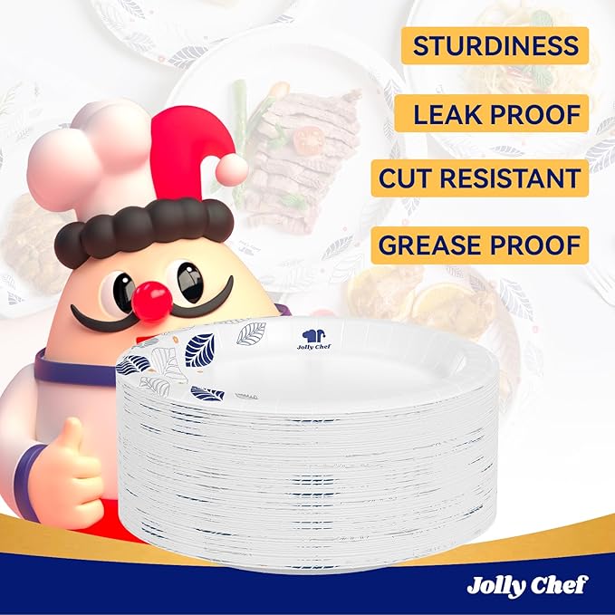 JOLLY CHEF 280 Count Paper Plates 8 inch Soak Proof, Cut Proof, Heavy Duty Leaf Printed Disposable Paper Plates for Everyday Use