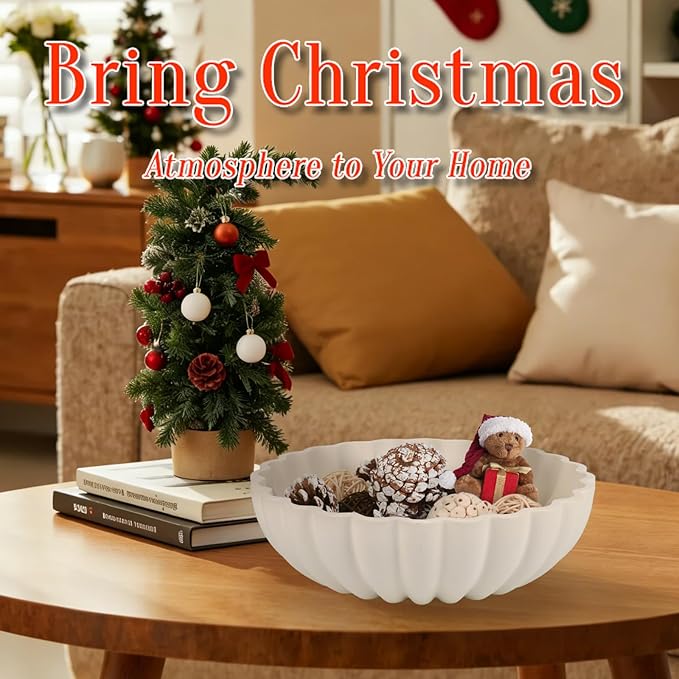 L'ARL GMVOI Large Decorative Bowl - Modern Handicraft Bowls for Home Decor - Fruit Bowl for Kitchen Counter - Key Bowl for Entryway Table - Ruffle Centerpiece Bowl Decor,Artificial Stone White