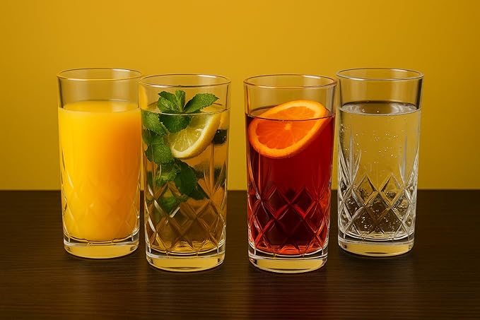 Crystal-Style Highball Glasses, Clear Cut Glass, 12.3 oz Capacity, Diamond Pattern, Cocktail Drinking Tumblers, Set of 4