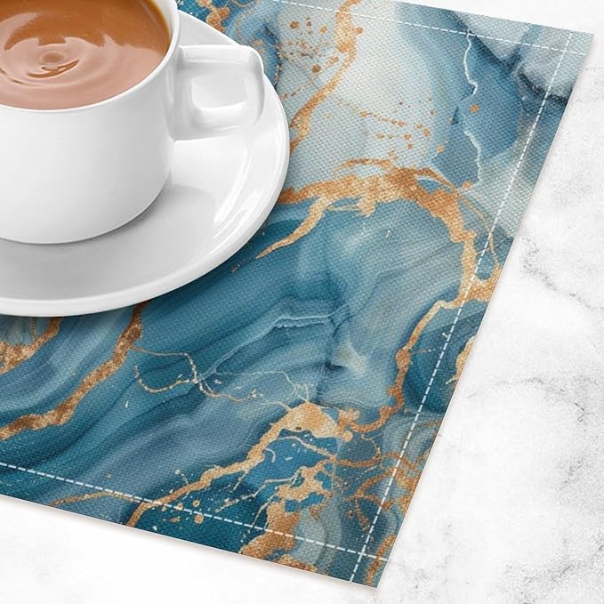 Marble Linen Placemats Set of 4, Modern Abstract Foil Stone Texture Gold Blue Marble Washable Place Mats, Non Slip Placemat for Home Party Dining Tables Wedding Kitchen Banquets Decor 12x17 Inch