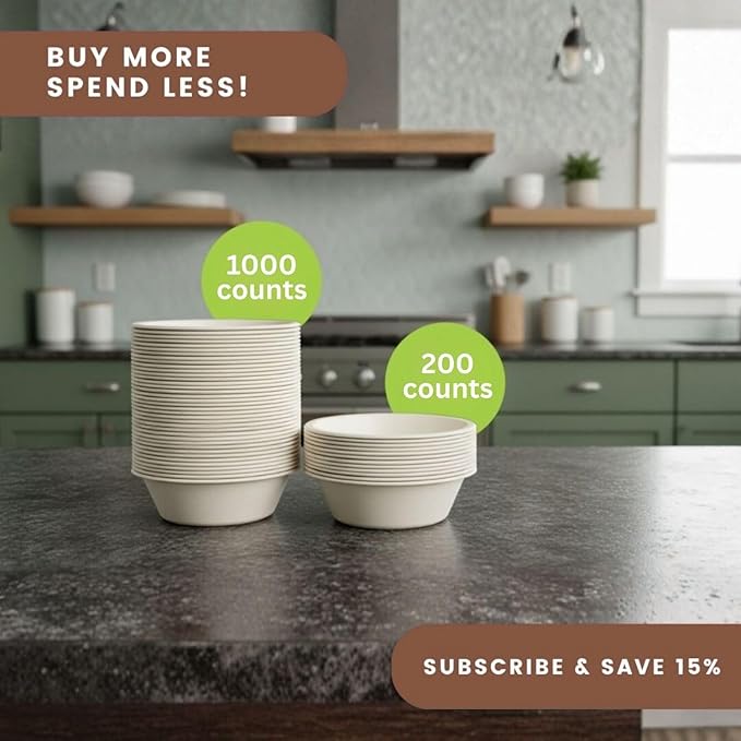8oz Compostable Paper Bowls, Heavy-Duty Eco-Friendly Bagasse Bowl, Biodegradable & Heat-Resistant for Hot & Cold Foods, Soups, Dessert, Salads, Ice Cream, Pasta, Snacks, 1000 Pack