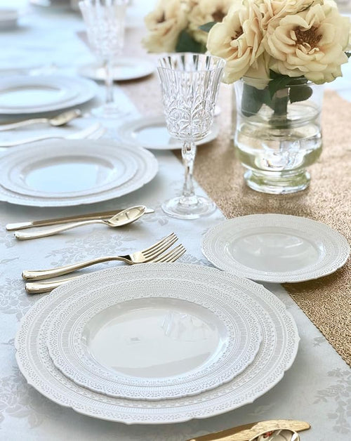 " OCCASIONS " 960pcs set (120 Guests)-Extra Heavyweight Vintage Wedding Disposable/Reusable Plastic Plates (120 x 11''+ 120x8.25'')+Silverware+12oz Cups+Napkins (Chateau Collection White)