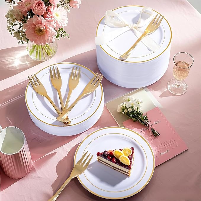 WELLIFE 120 PCS Plastic Dessert Plates and 120 PCS Forks, 6.3 inch Disposable Salad Plate, Premium White Appetizer Plates with Gold Rims Perfect for Party and Wedding