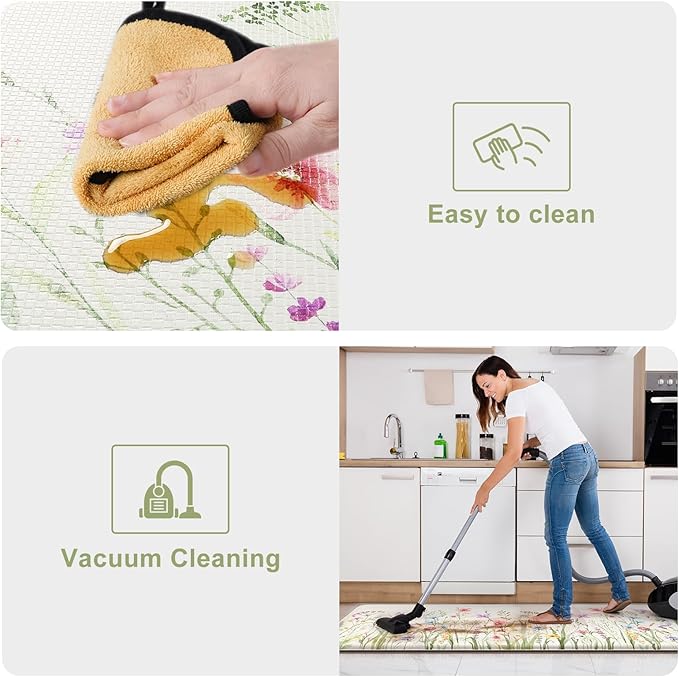 KIMODE Kitchen Mats Cushioned Anti Fatigue, Summer Farmhouse Flower Kitchen Rugs Sets of 2, Padded Kitchen Floor Mats, Non Slip Standing Mats for Sink Laundry Office Desk White 20"x59"+20"x32"