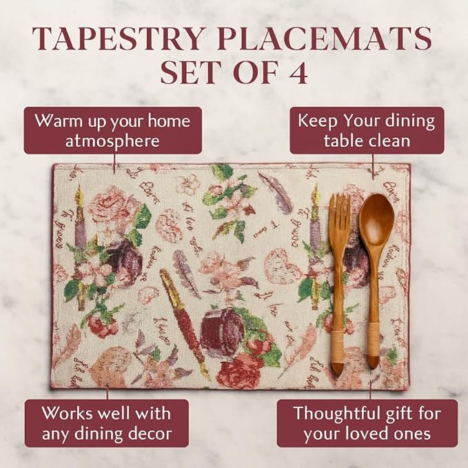 DaDalogy Set of 4-Pieces Authentic Tapestry Placemats - Spring Floral Vintage Looking Love Notes Quil Romantic British Roses - Heart Decorative Woven Dining Under Plate Table Mats - 13” x 19”