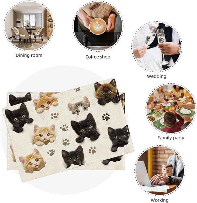 Cat Placemats Set of 4, Cute Black Cats Table Mats, Animal Washable Place Mats for Coffee Bar Home Party Indoor Kitchen Dining Table Decoration 12x18 Inch