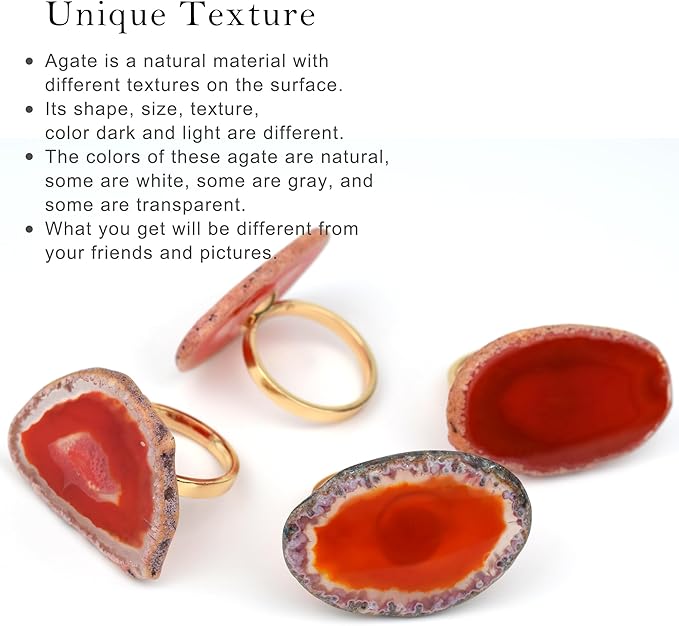 CozyTower Agate Napkin Rings Set of 4, Gold Napkin Holders for Cloth Napkins, Unique Wedding Decorations Napkin Ring Kitchen Accessories for Dinner Party (Red Agate)