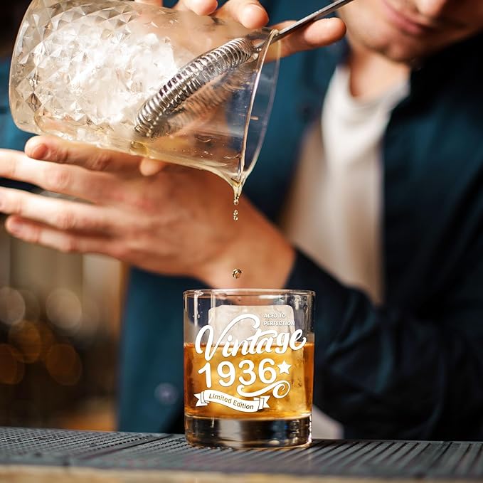 Old Fashioned Glasses-1936-Vintage 1936 old time information 10.25oz Whiskey Rocks Glass -90th Birthday Aged to Perfection - 90 years old gifts Bourbon Scotch Lowball Old Fashioned-1PACK