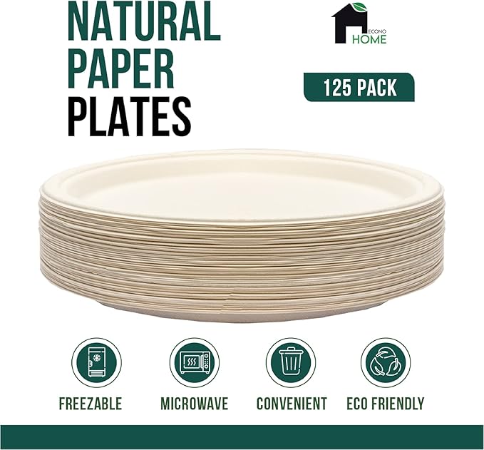 EconoHome 9 Inch Compostable Paper Plates [125-Pack] - Eco-Conscious Disposable Plates Made of Bagasse or Sugarcane Fiber - Microwave, Refrigerator-Safe - Heavy Duty Paper Plates for Dinner