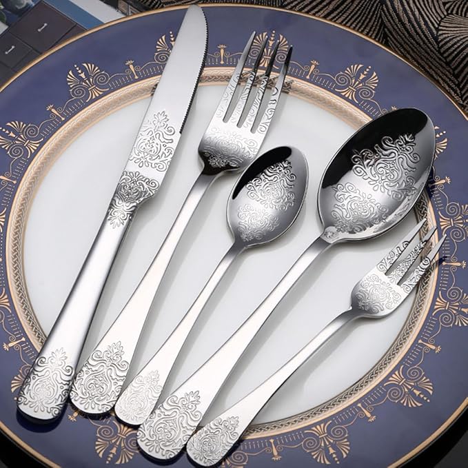 IKXO Silverware Set 50 Piece Silver Flatware Set for 10,Stainless Steel Flatware Cutlery Set For Home Hotel, Kitchen Utensils Set Include Fork Knife Spoon,Mirror Polished,Dishwasher Safe
