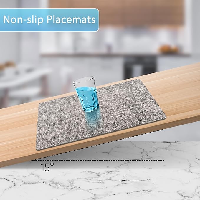 Placemats Set of 6 Washable, Heat Resistant Table Placemats Wipeable Faux Leather Place Mats Non Slip, Waterproof Square Table Mats for Indoor Outdoor, Light Grey