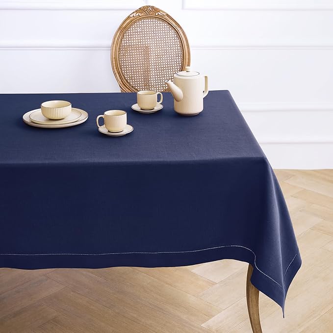 Solino Home Linen Tablecloth for Rectangle Tables 60 x 90 Inch - Classic Hemstitch 100% Pure Linen Navy Blue Table Cloth - Machine Washable Cloth Tablecloth for Winter, Easter