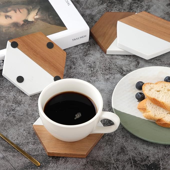 Wood Marble Coasters for Drinks, Modern Rustic Acacia Hexagon Coaster Set Decorative Bar Coaster for Living Room Coffee Wooden Table Beer Mug Christmas Housewarming Wedding Home Decor 4Pcs