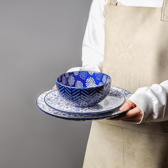 Selamica Ceramic Plates and Bowls Sets, 32 Pieces Dinnerware Sets for 8, Scratch Resistant Embossed Dishes Set for Family Gatherings, Dishwasher & Microwave Safe, Dark Blue