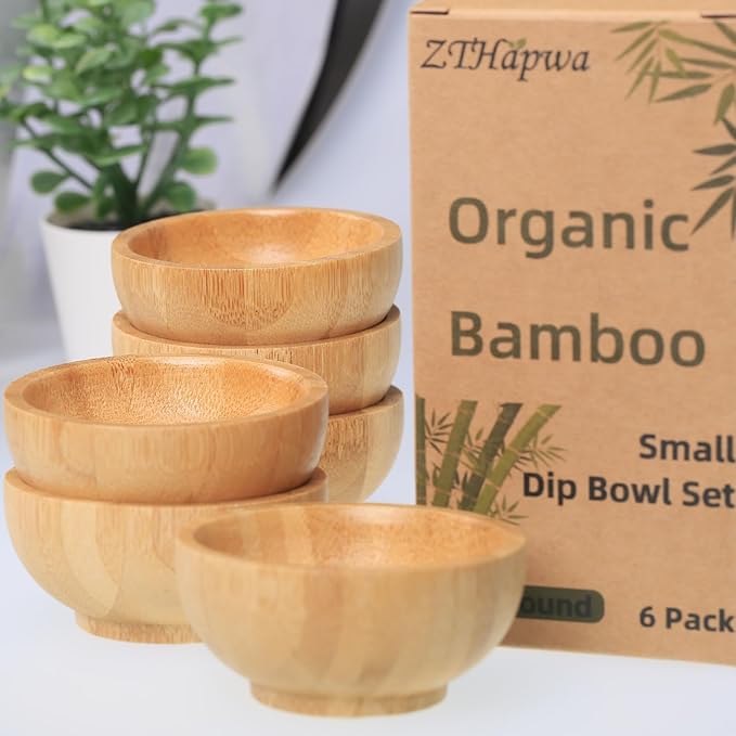 Dipping Bowls Set, Small Bamboo Pinch Bowls for Soy Sauce/Condiment/Snacks, Mini Serving Bowls for Charcuterie Board for BBQ/Entertaining, 1.4 oz Bamboo Wooden Ramekins