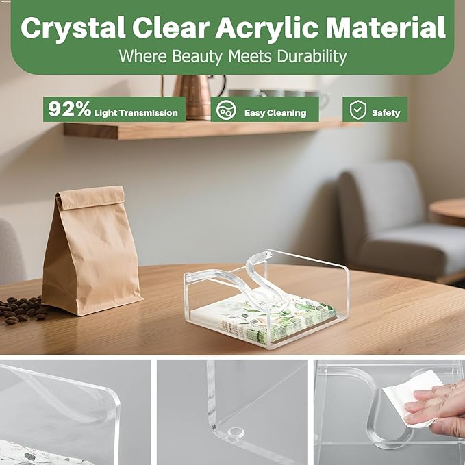 Acrylic Cocktail Napkin Holder, 5.5"x5.5" Clear Square with Weighted Arm & Non-Slip Base, Sleek & Stable Flat Napkin Holder for Bar Cafe Restaurant Kitchen Dining Table