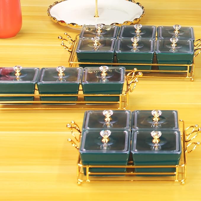 YA JU Ceramic Bowls and with Lid Gold Basket Trays, 6 Removable Small Bowls Condiment Trays Nut Serving Set for Snacks, Fruits, Candy and Condiments - Great for Parties, Holiday Gifts, Green