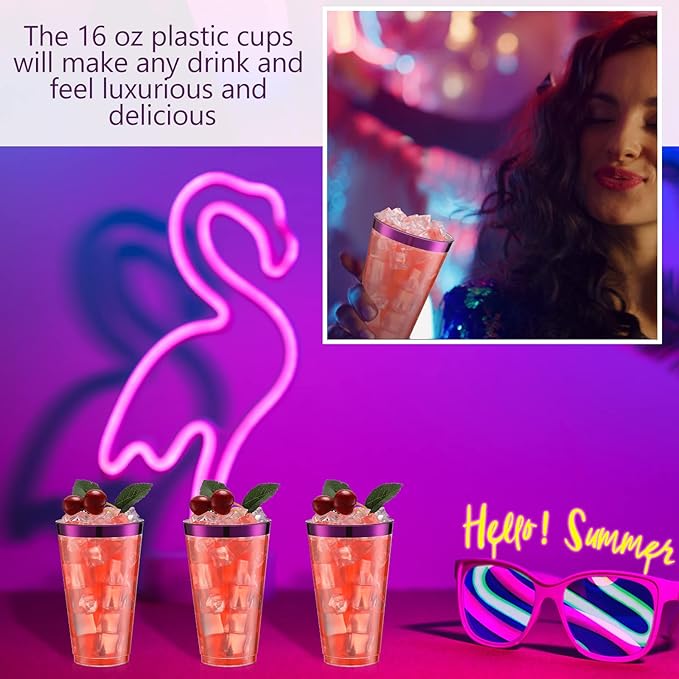 Patelai 100 Pcs 16oz Plastic Cups Disposable Rimmed Cups Heavy Duty Drinking Wine Glasses for Christmas Winter Birthday Beer Taste Serving Snack Sample Tastings Barbecues Picnic(Purple)