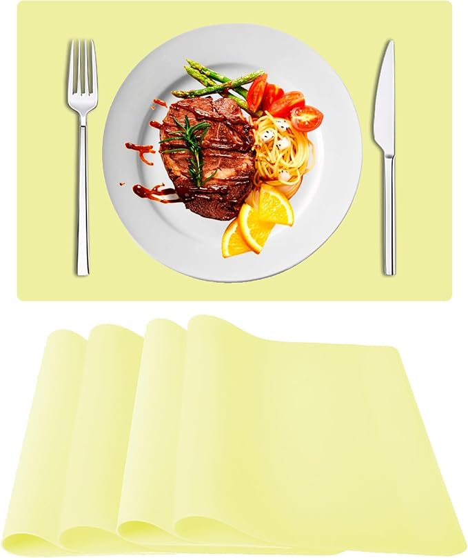 Silicone Placemat Set of 4,Heat Resistant Non-Slip Silicone Mat for Dining Table and Kitchen,Waterproof Wipeable Easy Clean Upgrade Table Mat 15.8"x11.8" Ultra-thin Semi-Transparent (Yellow)