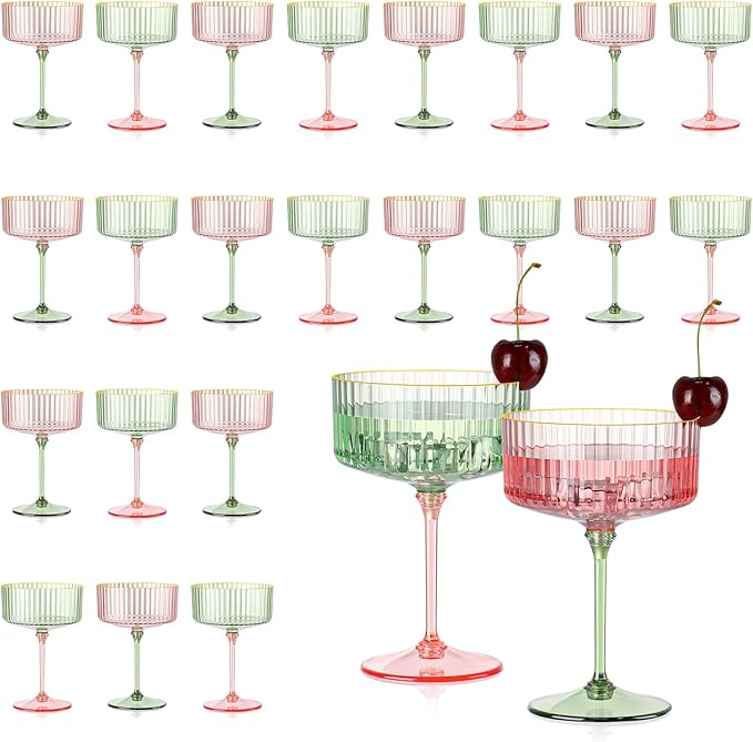 XUWAIDSGN 24Pcs Champagne Martini Glasses 9 Oz with Gilded Removable Gold Rim Coupe Glasses Pink Martini Glasses Plastic Mimosa Vintage Coupe Glasses Set For Wedding Anniversary (24, Pink & Green)