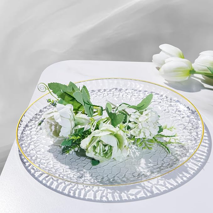 Hioasis 60pcs Clear Plastic Plates - Gold Rimmed Disposable, Hammered, Heavy-duty Dinnerware Set Suitable for 30 Guests, 10.25" Dinner & 7.5" Dessert Plates for Party & Wedding