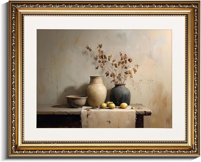 InSimSea Gold Picture Framed Wall Art, Vintage Dried Flowers Jars Kitchen Wall Decor, Still Life Fruits Canvas Print Art, Home Farmhouse Decor, Antique Paintings with Frame 13x16inch