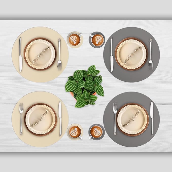 Myir JUN Round Placemats Set of 4 Faux Leather Place Mats and Coasters 15 inch Round Table Mats Dual Sided Non-Slip Stain Resistant Placemats (Gray & Wheat, Set of 4)