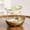 2-Tier Fruit Bowls for Kitchen Counter,Ceramic Bowl with Gold Metal Stand,2 Tier Fruit Basket for Fruit,Snack,Cake,Nuts,Dessert Space Saving Storage
