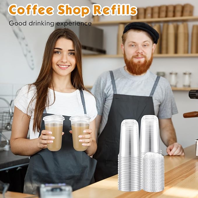 50 Sets Clear Plastic Cups with Strawless Sip Lids, Thickened Clear Disposable Plastic PET Crystal Cups for Iced Coffee, Smoothie, Cold Beverage, Drink Shops and Party Catering (18 oz)