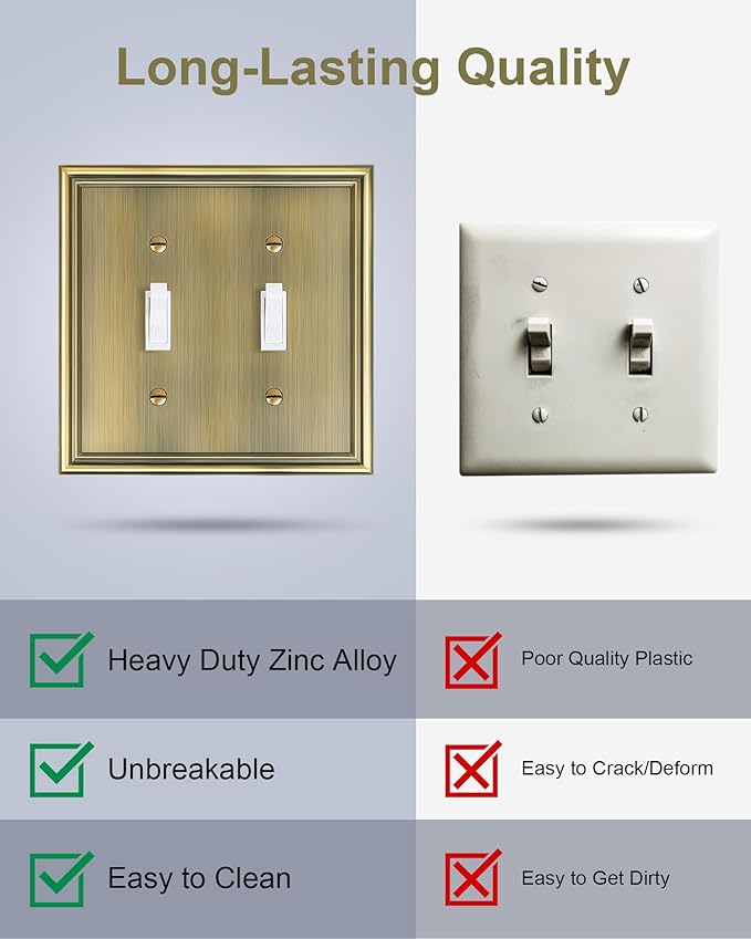 2-Pack Double Toggle Light Switch Cover Plate, Durable Solid Zinc Alloy Decorative Dual Switch Plate Covers, Antique Brass 2 Gang Wall Plate, Corrosion Resistant