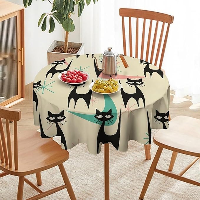 Mid Century Colorful Modern Cat Round Tablecloth, Medieval Bohemian Abstract Animal Tablecloth for Home Party Dining Room Kitchen Decor 70Inch(178cm)