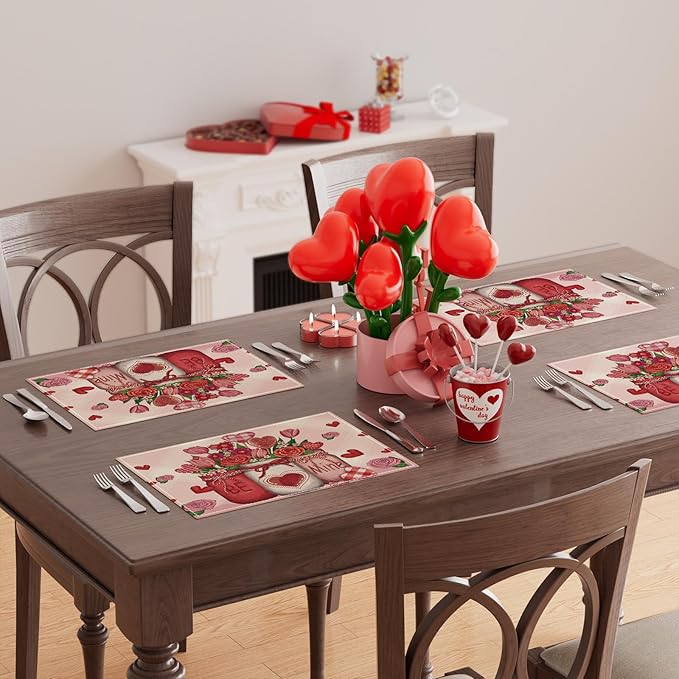 XCHI Roses Flowers Love Hearts Vase Valentine’s Day Placemats Set of 6 Table Mats for Party Home Kitchen Dining Table Decorations 12x18 Inch